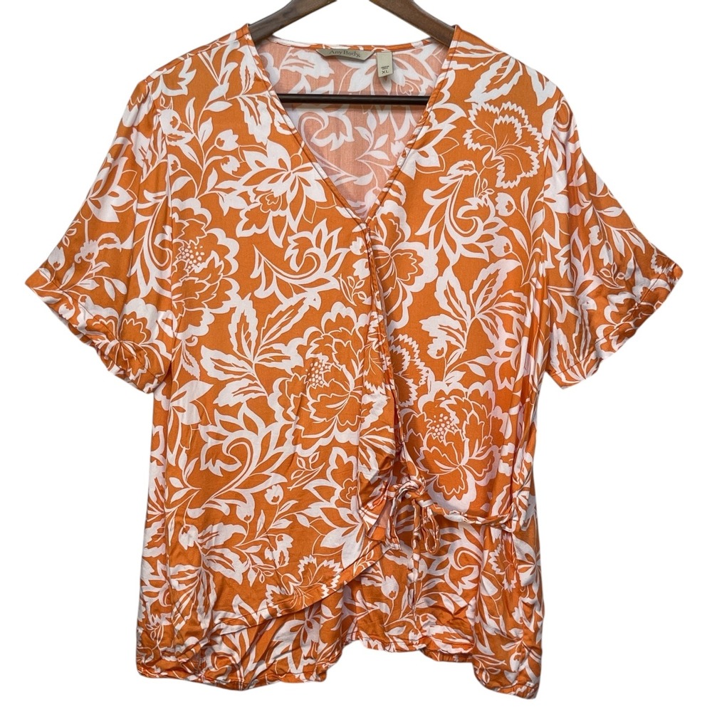 AnyBody Womens Orange White Floral Modal Wrap Front Tie Blouse XL A643889